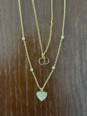 Dior Gold-Tone Layered Necklace with Crystal Heart Pendant